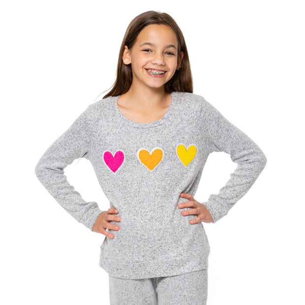 Girl's (8-14) Long Sleeve Hacchi Top with Rainbow Chenille Heart Patches