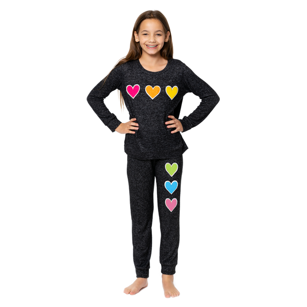 Girl's (8-14) Long Sleeve Hacchi Top with Rainbow Chenille Heart Patches