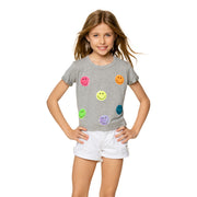 Girl's (8-14) Short Sleeve Tee with Neon Sequin Happy Faces Patches