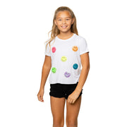 Girl's (8-14) Short Sleeve Tee with Neon Sequin Smiley Face Patches