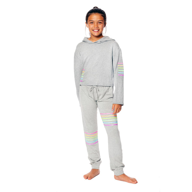 Butter Fleece Hooded Crop Sweatshirt  "Pastel Glitter Stripes" for Girls 7-14