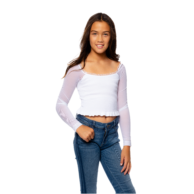 Girl's (8-14) Ruched Top with Mesh Sleeves Crop Top