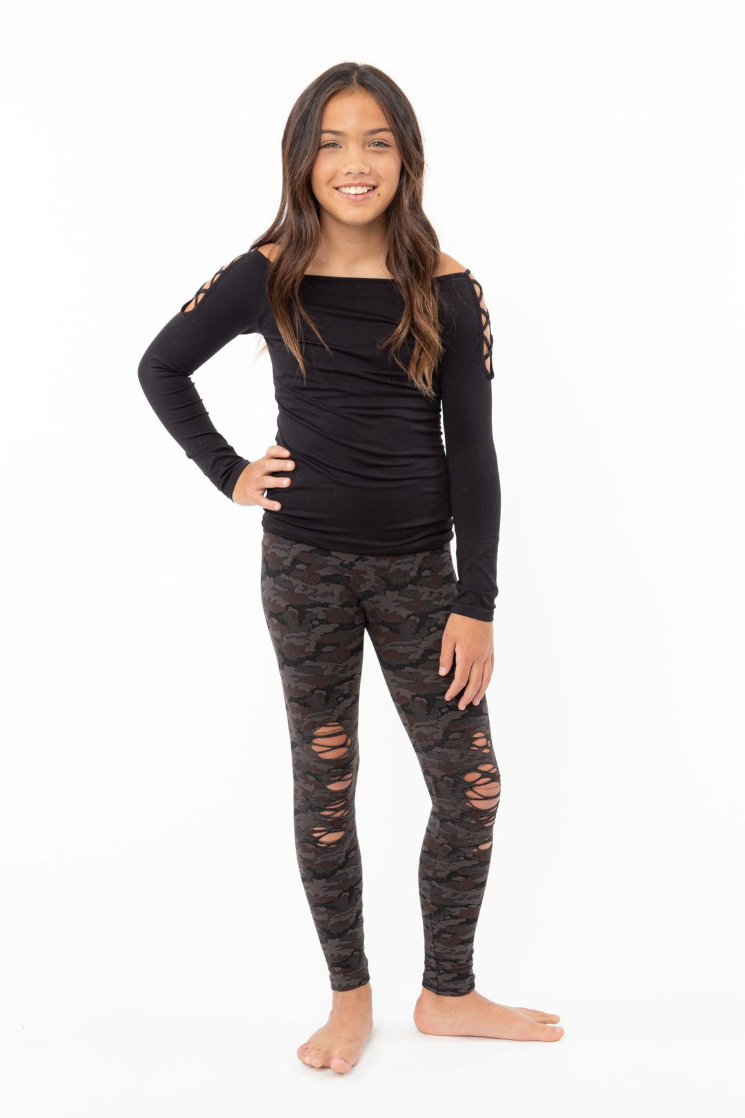 Girl's (8-12) Distressed Camo Knit Leggings