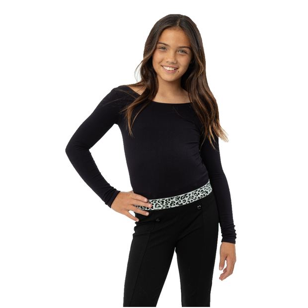 Girl's (8-14)Long Sleeve Top with Black & White Leopard Elastic Band