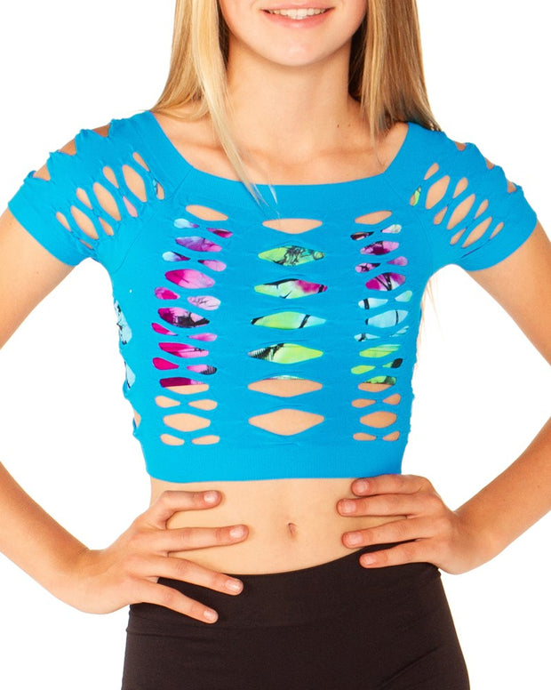 Malibu Sugar Girls 7-14 Short Sleeve Neon Mesh Crop Top Fishnet Shirt