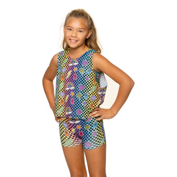 Girl's (8-12) Rainbow Checkered with Icons Boy Shorts