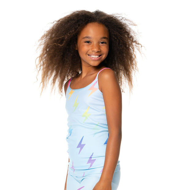 Girl's (7-10) Light Blue Background with Rainbow Ombre Lightning Bolts Full Cami