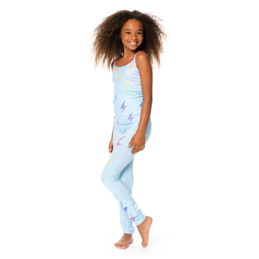 Girl's (7-10) Light Blue Background with Rainbow Ombre Lightning Bolts Full Cami