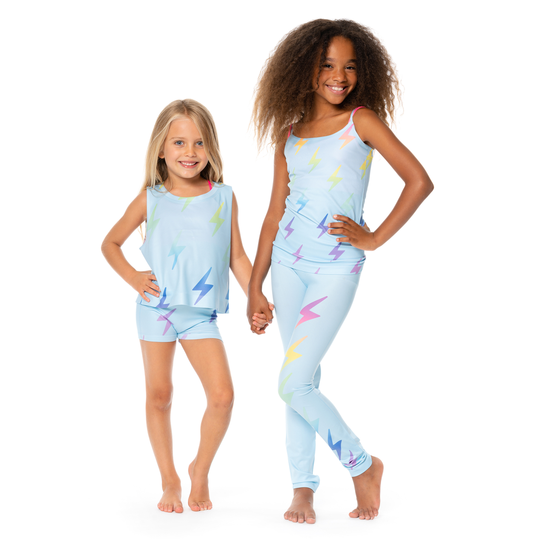 Girl's (7-10) Light Blue Background with Rainbow Ombre Lightning Bolts Full Cami