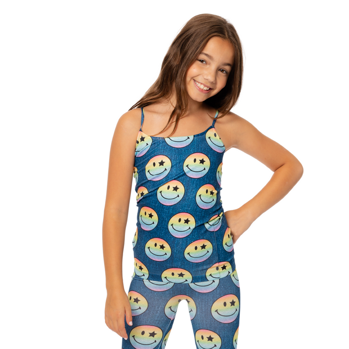 Girl's (7-10) Rainbow Glitter Happy Face Print Full Cami