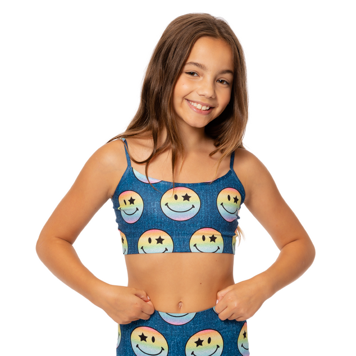 Girl's (8-14) Rainbow Glitter Happy Face Print Girls Bra Cami