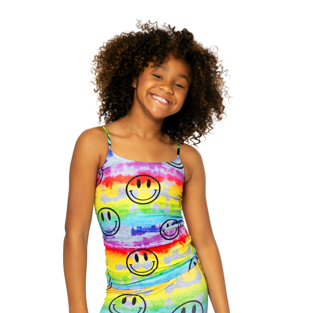 Rainbow Tie Dye Happy Face Print Full Cami for Girls 7-10
