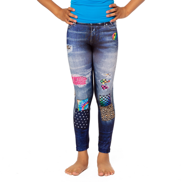 Girl's (7-10) Distressed Denim Leggings with Patchwork Design